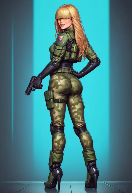 1girl, ((back view))), looking at viewer, highly detailed, from front, 1girl, skinny, looking at viewer, masterpiece, best quality,
raw, extremely detailed, hyperrealism, photo, perfect anatomy, <lora:grewishka_alita_pxl:1> source_photo, source_real, robot, cyborg, android, solo, looking at viewer, 1girl, full body, ((special force camo armor)), high heels, neon_lights, dynamic pose, pistols in hands
BREAK
fang smile, looking at viewer, long hair, ((blonde highlighting hair)), (((hair over eyes, front bangs))), long hair, dynamic pose
best quality, depth of field, bokeh, (((full clothed))), ((special force camo armor)),
BREAK
((((big futuristic gun in hands)))), (big futuristic pistol in hands:1.3), sc-fi soldier, dynamic pose, military camo armor
(((((rooftop, night city, neon lights))))) score_9, score_8_up, score_7_up, score_6_up, source_cartoon, rating_explicit, Expressiveh, (((((full body))))), dynamic pose