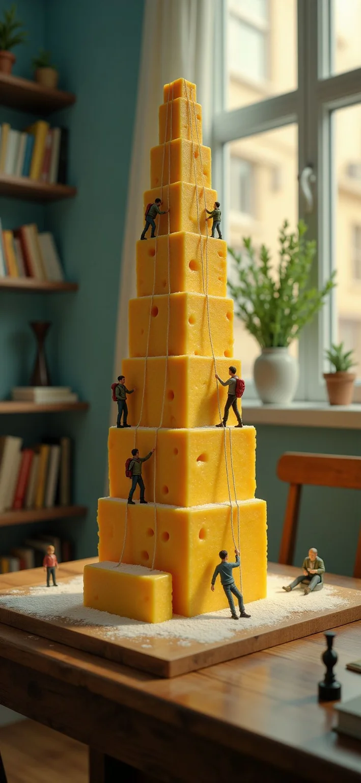 (indoors,indoor,isometric view,side view,tilt-shift lens:2), (fna_style,miniature,miniature,diorama,miniature,diorama,PVC,plastic:2),sunset,winter giant (randomly multi stack up,multi layer of cheese cake cubic vertical:2.5)  is located center, people are climbing with ropes, (in wooden square plate:3) (on table at study:3) <lora:Fantasy_Novel_Art_Style:1> <lora:Rostpunk:0.3>