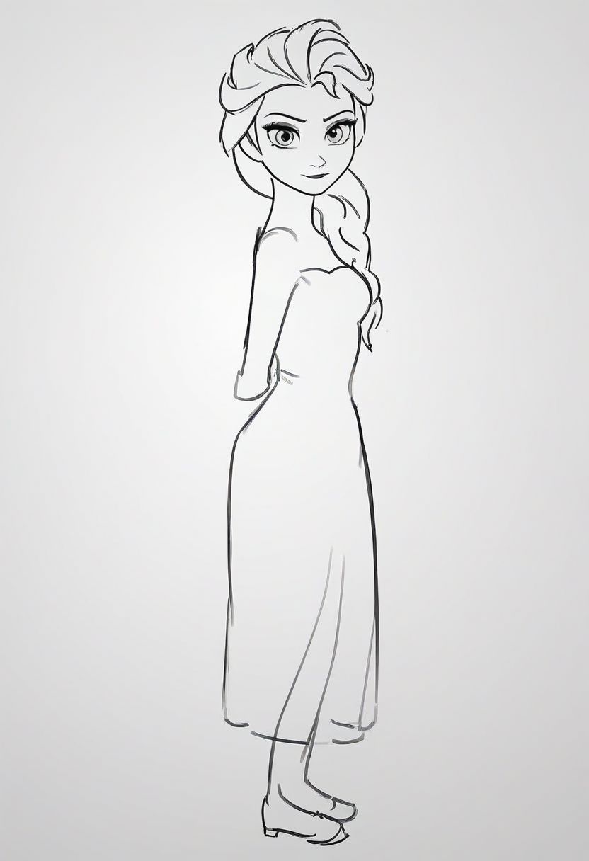 frozen girl , Elsa  , side view  , upper body  , sketch ,greyscale  , face shot , looking at viewer , pencil sketch , scanned , black , simple , full body , dress