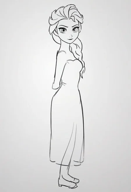 frozen girl , Elsa , side view , upper body , sketch ,greyscale , face shot , looking at viewer , pencil sketch , scanned , black , simple , full body , dress