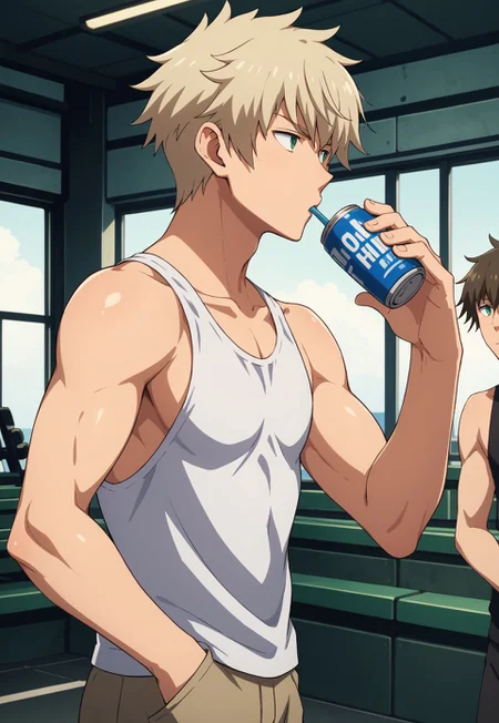 score_9, score_8_up, score_7_up, source_anime, cowboy shot, side view, BREAK, ( green eyes, light blond hair, best eyes, male, anime, looking to the side, drinking from a can, holding a can, sleeveless top, vest, chill expression, hand in pocket, ) 1boy, male focus, solo, BREAK, gym, ship,
