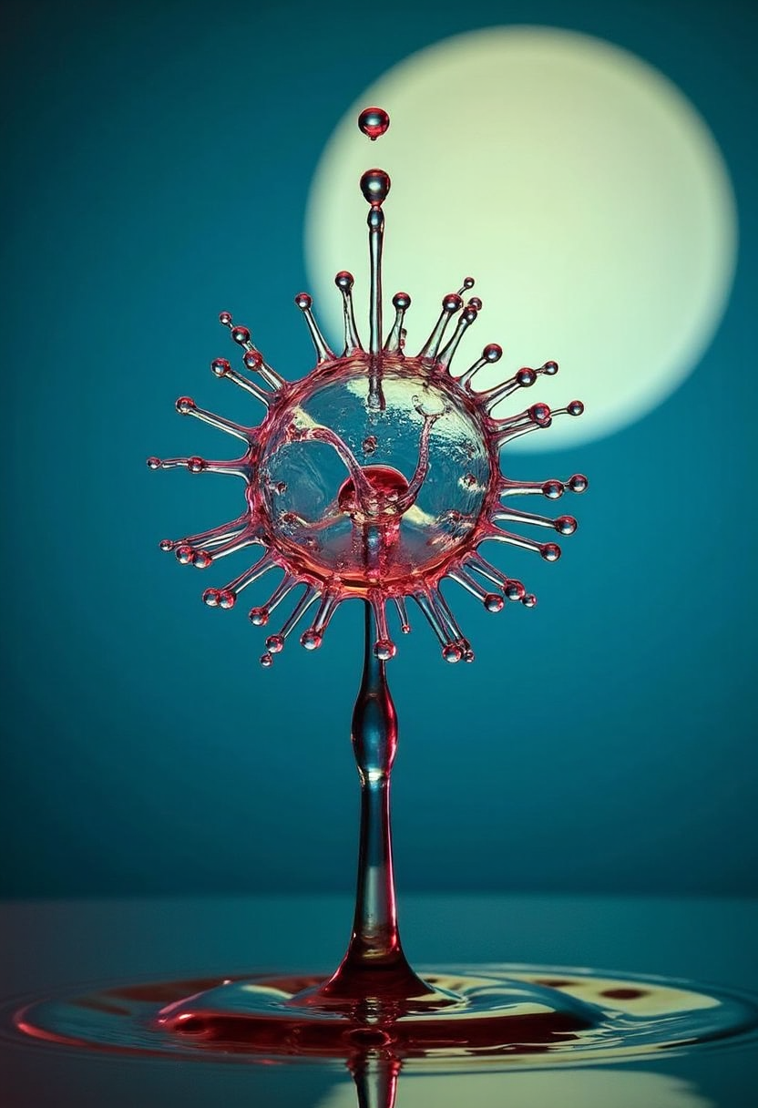 In the shape and style of a yfg-dr0p water drop splash photo of a , Capture a microscopic vision of a virus, bursting with vibrant life in a style reminiscent of Syd Mead's retro-futurism. Imagine a happy macro photograph (f/16, 14mm focal length) showcasing the virus in striking detail against a deep blue, teal, and aqua backdrop. The virus should resemble a sleek, bioluminescent machine, pulsing with energy under a large, luminous moon. Emphasize depth and texture, drawing inspiration from macro photography techniques used for close-up views, revealing the intricate beauty of this microscopic world.