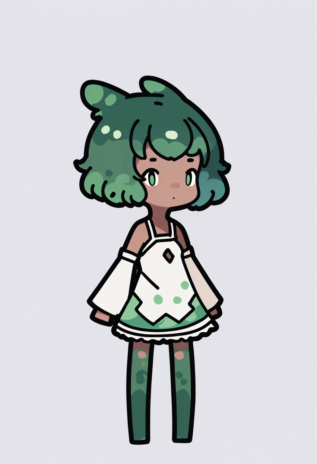 score_9, score_8_up, score_7_up, score_6_up, score_5_up, score_4_up, BREAK
1girl, chibi, green hair, short hair, green eyes,
dark skin,
frog girl,
dress,
standing, full body, solo, looking at viewer, simple background, white background <lora:RabbitAndSteelXLLocon:1>