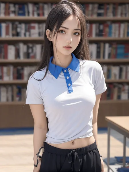 Best quality, masterpiece, ultra high res, RAW photo, (photorealistic:1.4), 1girl, <lora:cuteGirlMix4_v10:0.5> detailed face, cowboy shot, in (white shirt with blue collar, black sweatpant) <lora:SZuniform:0.4> (narrow waist:1.2), long hair, in the library, bokeh, beautiful lighting, model posing