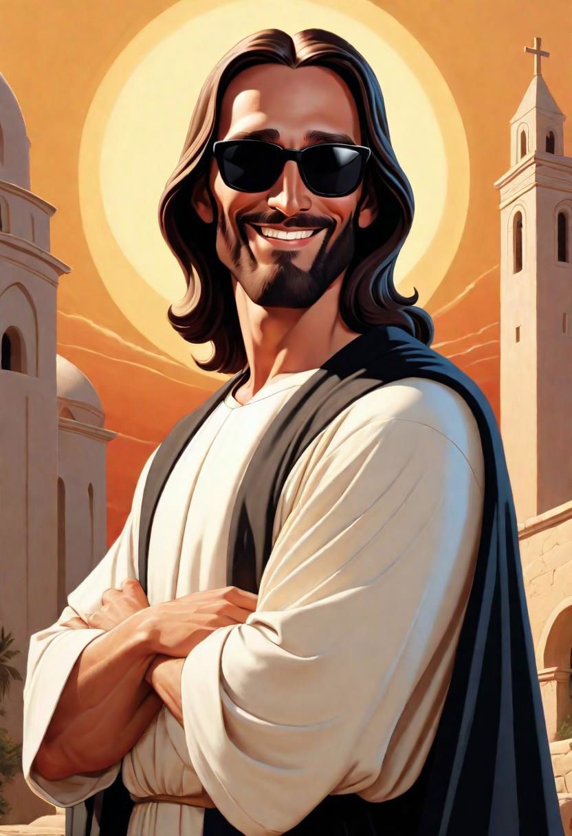 Animated series in the style of Bruce Timm, male figure, Jesus Christ with black sunglasses smiling, dressed in a cassock, in a heroic and extravagant pose. (Perfect hands)