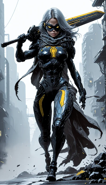 holding weapon, fighting stance, holding buster sword,huge weapon,, WCG-Illu,, kaarea masterpiece, best quality, high quality, ultra-detailed, realistic, traditional media, vivid_color, high contrast, speed lines, move_effects, action Create a detailed digital artwork of a futuristic armored figure standing in a desolate, industrial setting. The figure is clad in sleek, dark metallic armor with a cross emblem on the chest and a flowing cape that billows behind them. The armor is adorned with various mechanical components, and the figure wields a long, sharp weapon with a metallic sheen. The background is a muted gray, with a structure that appears to be part of a larger industrial facility, and there are yellow and black stripes on the ground. The overall color palette is dominated by shades of gray, black, and silver, with splashes of white and yellow. The style of the artwork leans towards a cyberpunk or dystopian theme, with the figure exuding a sense of readiness and vigilance. 1girl, solo, long_hair, breasts, holding, full_body, white_hair, weapon, sword, holding_weapon, armor, mask, bodysuit, holding_sword, science_fiction, walking, over_shoulder, cyborg, weapon_over_shoulder, cyberpunk, holding weapon, fighting stance, holding buster sword,huge weapon,, WCG-Illu,, kaarea