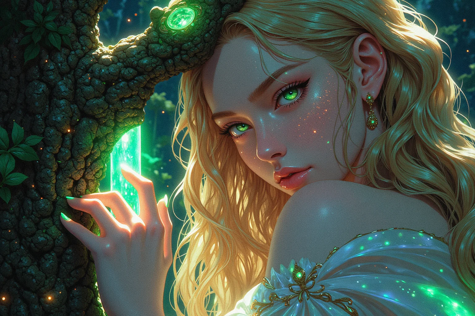 A breathtaking close-up of an ethereal young woman with mesmerizing emerald-green eyes, their irises shimmering like precious gemstones, reflecting the soft glow of the enchanted forest around her. Her golden hair cascades in silky waves, each strand catching the moonlight, as if woven from pure sunlight. Delicate, luminescent freckles dust her porcelain skin, adding to her otherworldly beauty.
She wears an elegant, flowing silver gown, its fabric weightless and almost translucent, shimmering like liquid starlight as it drapes over her delicate frame. Tiny enchanted symbols subtly glisten along the edges of the gown, glowing faintly with ancient magic. Her expression is serene, yet filled with an air of quiet mystery, as if she holds the secrets of the universe in her gaze.
Her slender fingers gently press against the bark of an ancient, glowing tree, its surface pulsating with soft, golden energy, sending tiny sparks into the air like drifting embers. A faint aura surrounds her, as if nature itself bends toward her presence. Swirling mist weaves through the towering trees, illuminated by thousands of floating fireflies that glow like tiny lanterns, casting an enchanting golden haze across the scene.
In the distance, the soothing melody of a hidden waterfall echoes through the mystical landscape, its silvery cascades reflecting the celestial constellations above. The night sky, barely visible through the dense canopy, glows with a cosmic radiance, as if the heavens themselves are watching over her.
Cinematic lighting enhances every detail, from the delicate shimmer of her gown to the soft luminescence of her eyes. Ultra-detailed, fantasy realism, 8K resolution, dreamlike atmosphere, visually breathtaking.
Art in the style of Yomu_Yakadashi.
EpicGorgeousDetails, cinna flow, 8k detailed neon themed digital illustration style, 8uartz4r4