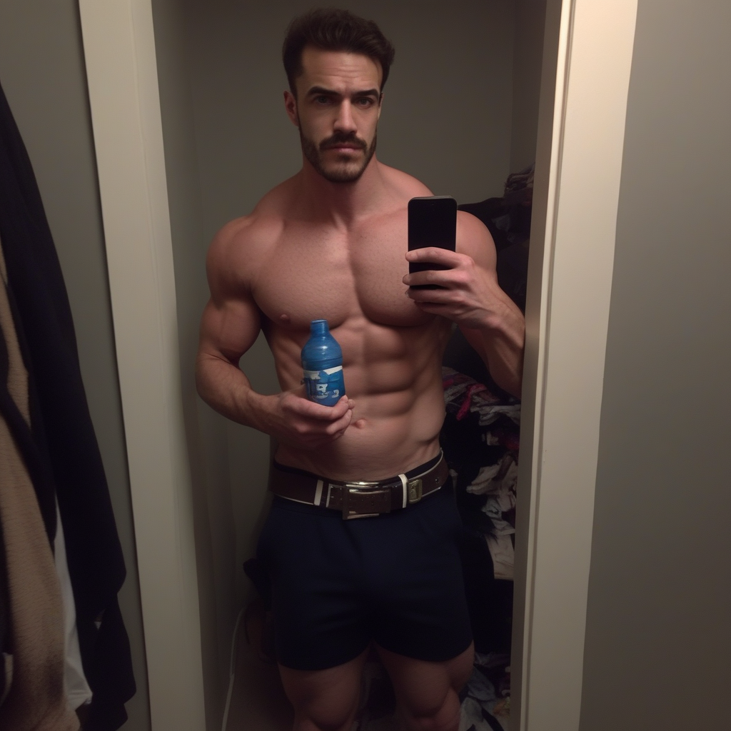 bottle, shirt removed, muscular, belt, meme, underwear, facial hair, cellphone, looking at viewer