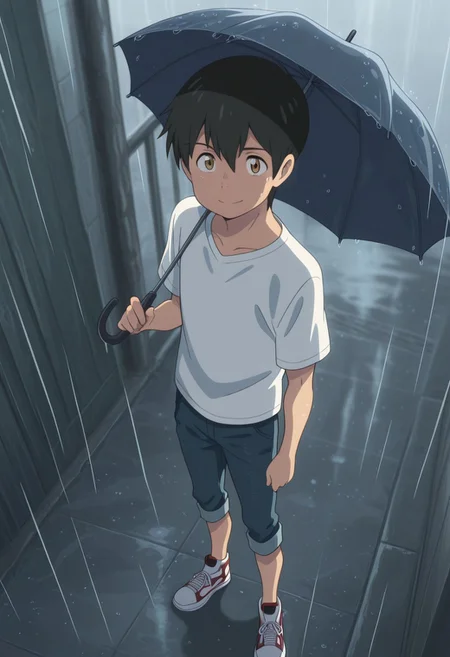 masterpiece,best quality,amazing quality, source_anime,
HodakaMorishima, 1boy, male focus, solo, brown eyes, black hair, hair between eyes, shirt, white shirt, t-shirt, jeans, pants rolled up, sneakers, smile, holding umbrella, rain,