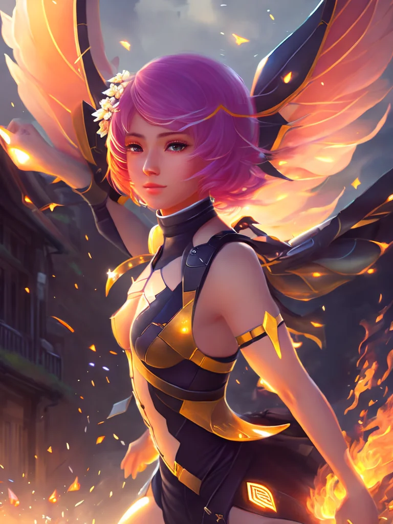 digital painting full body portrait of newtkn alisabcnv, art by midjourney, ultra detailed burning town, mechanical wings, glowing fire particles around, highly detailed face, night settings, dark, mist, glowing bodysuit, shinny bodysuit, glitter