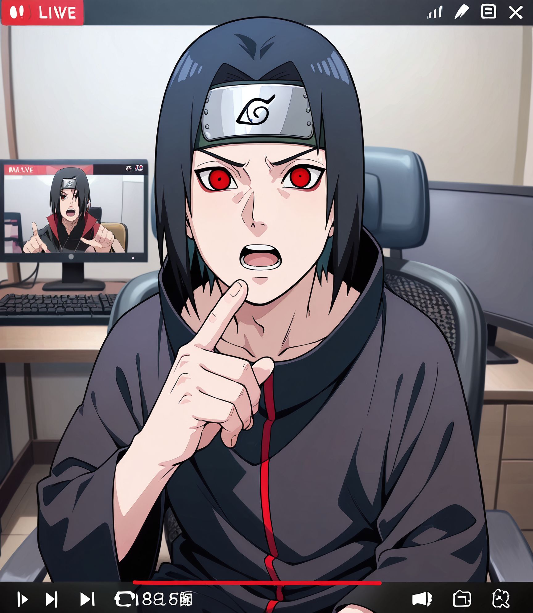 masterpiece, best quality, newest, absurdres, highres, detailed eyes, beautiful, detailed background, perfect eyes, anime coloring, anime screencap,
 uchiha itachi, naruto \(series\),  black robe,office chair, livestream, 
black hair, forehead protector, red eyes, sharingan, sportswear, 
<lora:My_dad_got_the_MVP:1>My dad got the MVP,
Look for your own problems,talking, pointing with one finger,open mouth, 
1boy,male focus,indoors, sitting, parody,solo,looking at viewer,
look for your own problems,pointing with one finger,
Y-Tube,livestream,chat log,chair,keyboard ,monitor,super chat,comment,