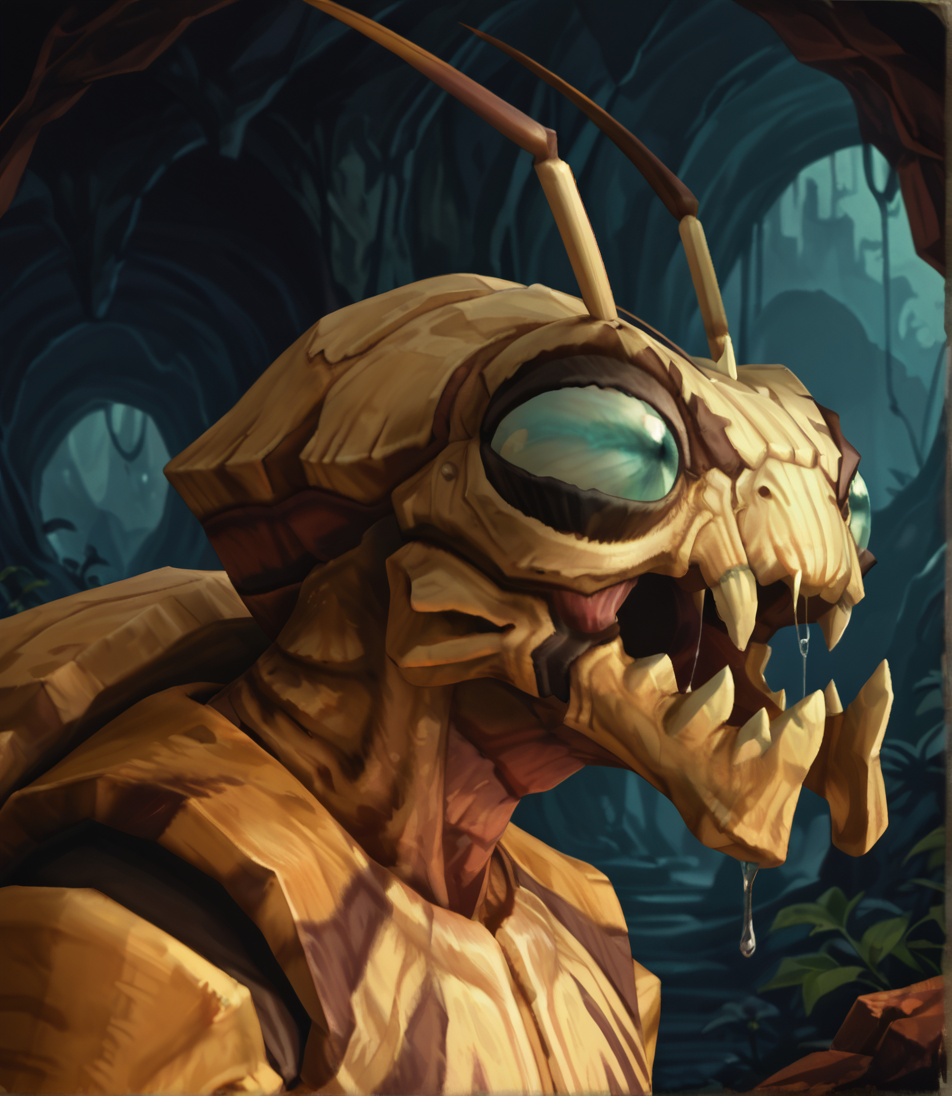 safe_pos, score_9_up,score_8_up,score_7_up,score_6_up,score_5_up,score_4_up, masterpiece, high quality, digital painting, source_furry, source_monster,  zPDXL3, BREAK,
hive background, insect hive,blurry background, three quarter view, side view, close up, portrait, saliva, drooling, drool, saliva strand, open mouth, roar,  yellow skin,
mantid, klaxxi, insect, mantis, bug, ((abdomen)), antenna, bug eyes, ocelli, exoskeleton, (((mandibles))), segmented body, 
<lora:Mantid for PonyXL:0.8>
