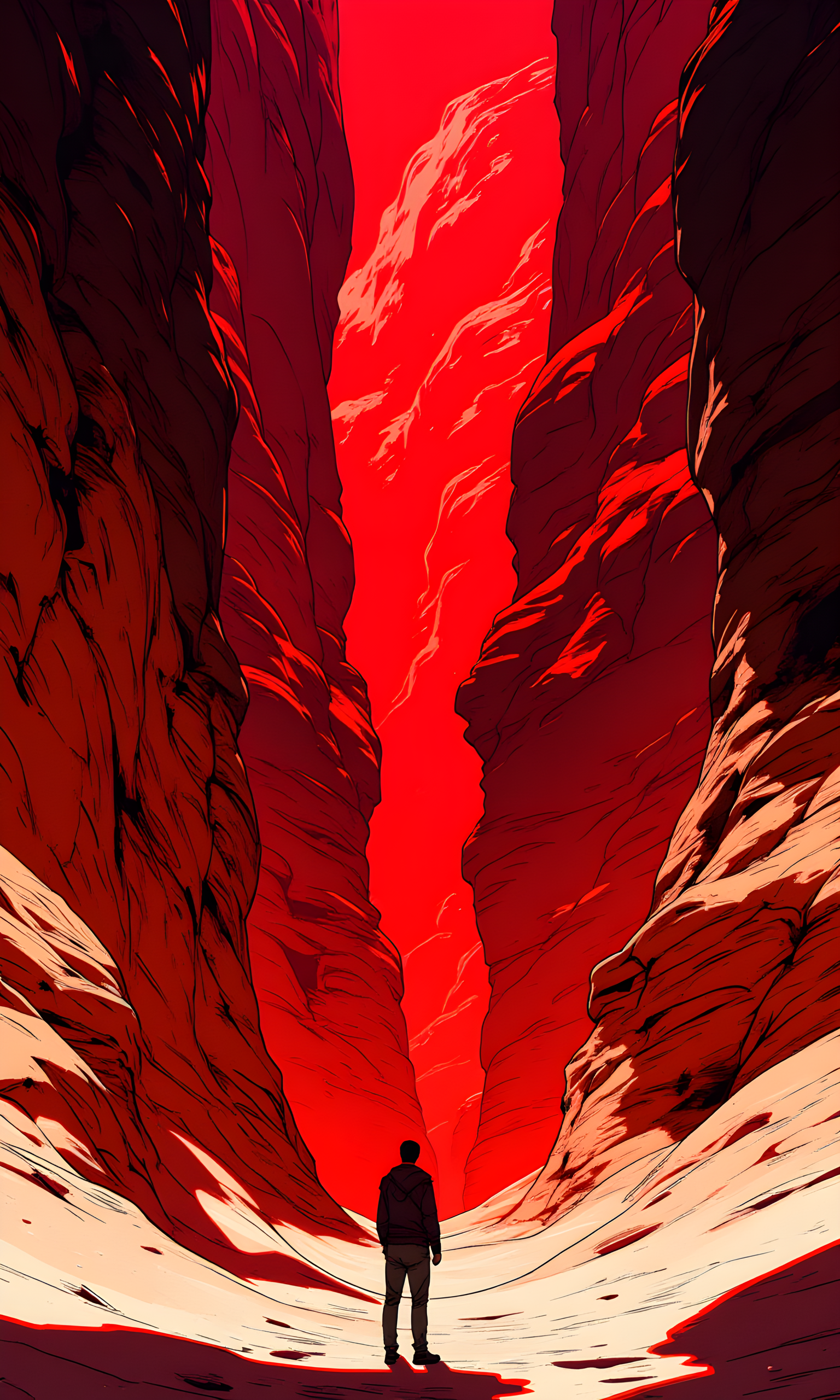 The subject of the image is a lone figure standing at the entrance of a narrow, winding canyon. The figure is small in comparison to the vastness of the surrounding environment, emphasizing their solitude and insignificance within the grand landscape. 
The figure's face is not visible, as they are seen from behind. This lack of facial expression adds to the sense of mystery and anonymity, inviting viewers to project their own emotions and thoughts onto the scene. 
The figure stands with their back to the viewer, facing the deep red chasm ahead. Their posture is upright and still, suggesting a moment of contemplation or hesitation before venturing into the unknown depths of the canyon. 
The figure is dressed in dark clothing, which contrasts sharply with the bright red hues of the canyon walls. The simplicity of their attire further emphasizes their vulnerability and the overwhelming nature of the environment around them. 
The camera is positioned at a low angle, looking up towards the towering canyon walls. This perspective enhances the dramatic and imposing nature of the landscape, making the viewer feel as if they are standing right next to the figure, sharing in their experience. 
The lighting in the image is dramatic, with the deep red light illuminating the canyon walls and casting long shadows. The light appears to be coming from above, possibly from a break in the canyon ceiling, creating a stark contrast between the illuminated areas and the dark, shadowy regions. The interplay of light and shadow adds depth and dimension to the scene, enhancing its visual impact. 
The background consists of the towering canyon walls, which are sculpted into intricate, flowing shapes by the forces of nature. The walls are a deep, rich red color, with layers and textures that suggest a long history of erosion and geological processes. The floor of the canyon is a pale, almost white color, providing a striking contrast to the vibrant reds above. 
The composition of the image is carefully balanced, with the figure placed near the bottom center of the frame. This placement draws the viewer's eye towards the figure and then up into the depths of the canyon. The winding path of the canyon leads the viewer's gaze deeper into the scene, creating a sense of movement and exploration. The overall composition is both visually striking and emotionally evocative, capturing the essence of human curiosity and the awe-inspiring power of nature.  
BREAK anime, d13s3lp2nk, bboil artist style, OBdonman, Anime art, <lora:FLUX\Anime Art V3:0.2>, <lora:FLUX\Synesthesia:0.2>, <lora:FLUX\RetroAnimeS1.1:0.5>, <lora:FLUX\Flux-jijia:0.1>, <lora:FLUX\It's a LoRA for portraits, BUT! actually specialized in backgrounds. v1.0:0.1>, <lora:FLUX\GLSHS:0.2>, <lora:FLUX\Dieselpunk Delight - s0_9 g4:0.4>, <lora:FLUX\OBdonman, anime0style portrait:0.1>
