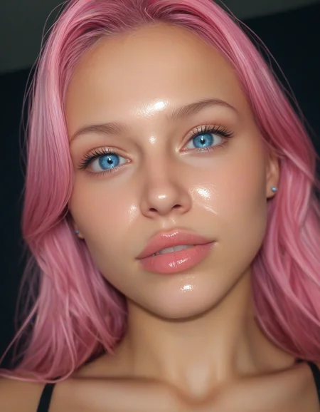 Stable_Yogis_PDXL_Positives2 extreme, godrays, 1girl, black room, pink hair, blue eyes, dutch_angle, , oiled, tease, face focus, skin texture focus