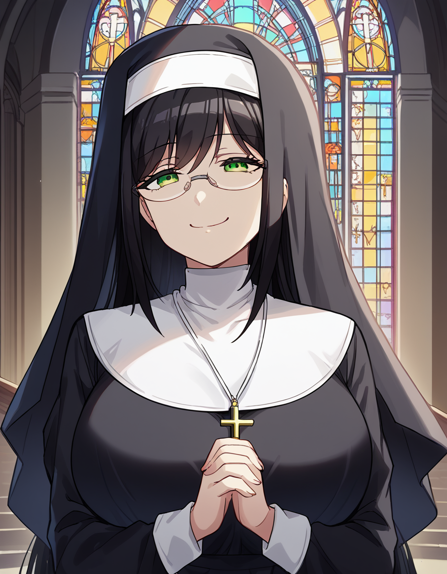 score_9, score_8_up, score_7_up, source_anime, <lora:yuzuki-hanyuu-s1-ponyxl-lora-nochekaiser:1>, yuzuki hanyuu, long hair, black hair, green eyes, glasses, huge breasts,, <lora:traditional-nun-ponyxl-lora-nochekaiser:1>, traditional nun, nun, habit, long sleeves, dress, black dress, jewelry, black veil, cross, cross necklace,, church, smug, praying,, , dutch angle, cowboy shot
