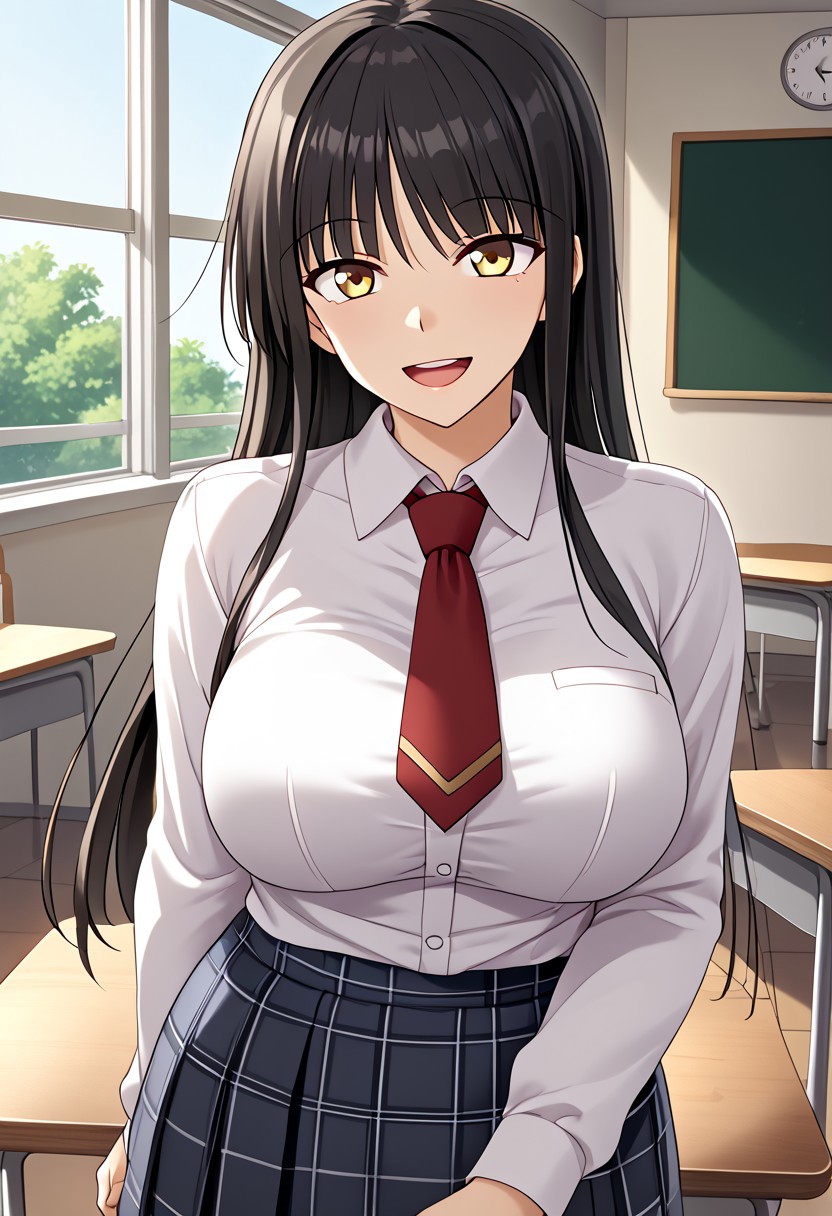 score_9,score_8_up,score_7_up,source_anime,5_figner,2d_animation,game cg,BREAK,1girl,solo,Kamiya Rin,black hair,long hair,brown eyes,yellow eyes,
plaid skirt, white shirt, school uniform,red Short necktie,
large breasts,smile,front view,upper body,looking at viewer,open mouth,
school,class room,desk,chair,blackboard,window,
masterpiece,best qualit,ultra-detailed,illustration,an extremely delicate and beautiful,beautiful detailed eyes,unity 8k wallpaper,high resolution,anime CG,official_art,