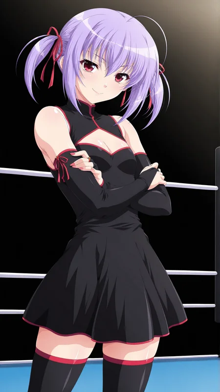 masterpiece, best quality, anime coloring, wrestling ring,
1girl,solo, smile
<lora:Ami-Kurihara_lL_v01:1> ami-kurihara, purple hair, black thighhighs, black dress, detached sleeve, bridal gauntlets, red ribbon, cleavage cutout, small breasts