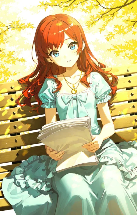 1girl,solo,(teen:1.2),thin,(flat chest:0.8),(red hair:1.1),collarbone,long hair,blue eyes,Princess Dress,frills,light_blue_dress,(holding a stack of paper:1.3),researching,golden_Necklace,upper body,head_tilt,despair,sitting,leaning back,(park bench:1.3),
cinematic_angle,(looking_at_viewer:0.8),from above,dappled sunlight,day,outdoors,medieval,<lora:rafaelaaa:0.8>,