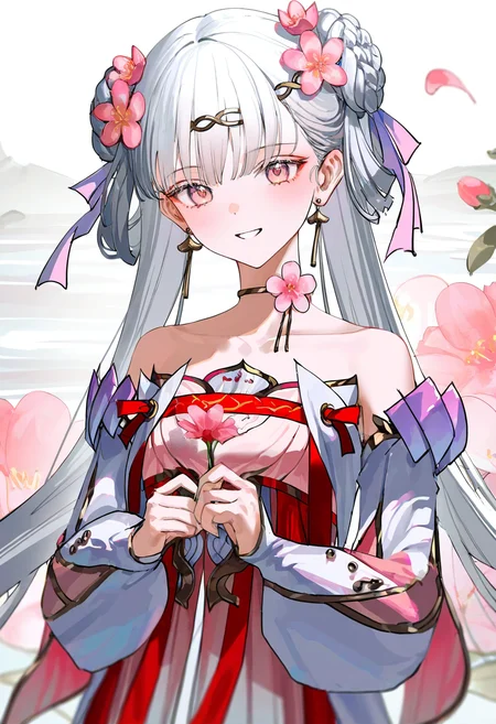 1girl,jinhsi_\(wuthering_waves\),jinhsi_\(peach_blossom\)_\(wuthering_waves\),solo,double bun,flower,long hair,white hair,twintails,jewelry,dress,hair bun,blush,hair flower,hair ornament,parted lips,bare shoulders,earrings,pink eyes,detached sleeves,pink flower,upper body,ribbon,collarbone,pink dress,very long hair,chinese clothes,long sleeves,choker,holding flower,smile
(artist:reoen:0.826446),artist:machi,(artist:ningen_mame:0.9),(artist:sho_(sho_lwlw):0.9),(artist:rhasta:0.9),(artist:wlop:0.7),(artist:ke-ta:0.6),(fkey:0.5),(tianliang duohe fangdongye:0.5),(hiten \(hitenkei\):0.6),best quality,amazing quality,(artist:onineko:0.826446),very aesthetic,
newest,absurdres,highres,masterpiece,best quality,very awa,year 2024,
<lora:jinxinew_NoobVpred10:1>,