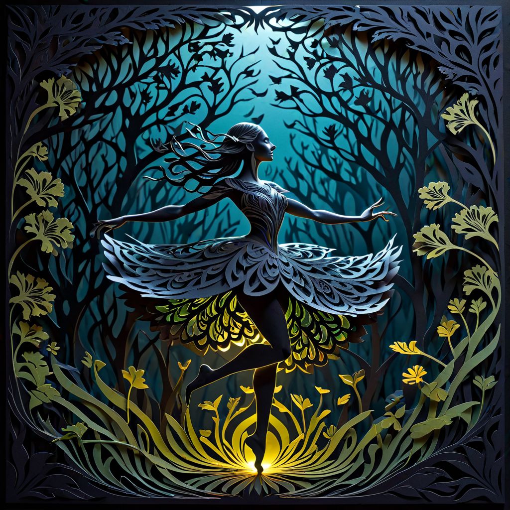 artpkplnt, illustration, dancer in the dark, 4k, uhd, warlock, masterpiece, Artpprct, in the style of papercutting, relief carving, nature, oittppts