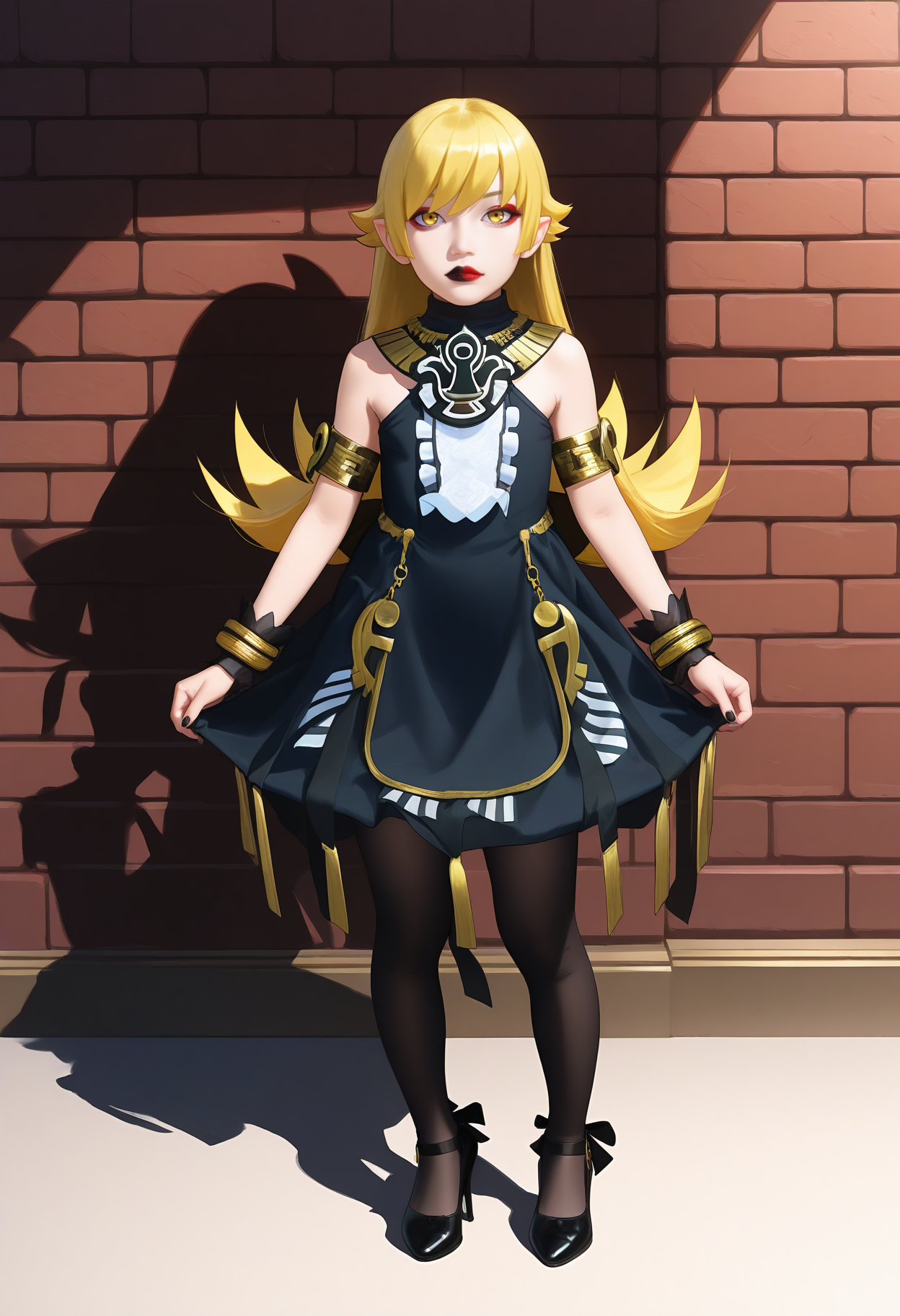 best hands, 5 fingers, <lora:Atropos_IL1.1:0.9>looking at viewer, No expression,
1girl, solo, blonde long hair, yellow eyes, oshino shinobu,   Red and black lips, makeup, jewelry,
necklace, black sleeveless dress, bracelet, armlet, egyptian, black pantyhose, Black Pumps
realistic, realistic_style, asian, 
BREAK indoors, brick wall, shadow,