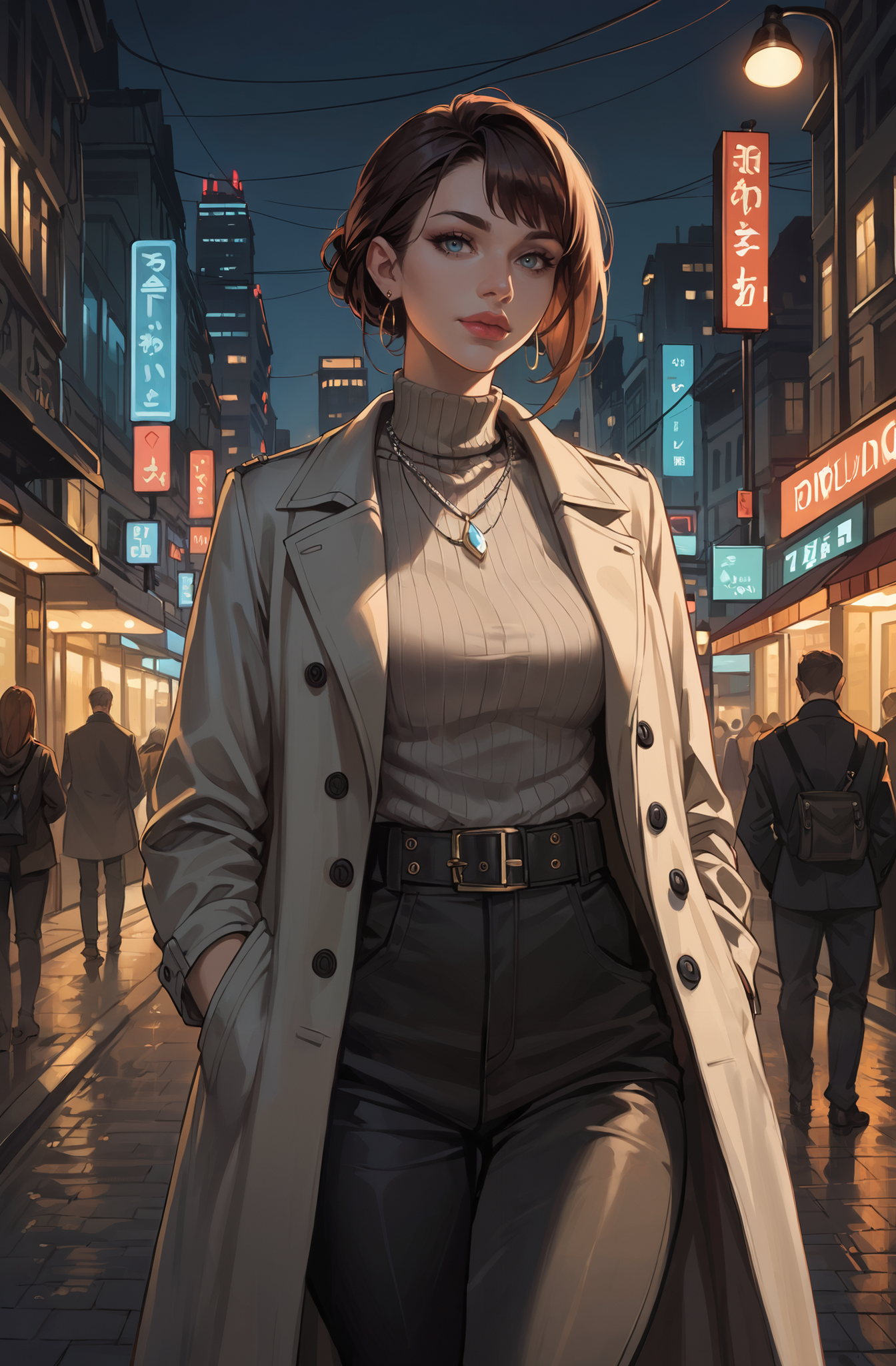 score_9_up, score_8_up, score_7_up, score_9_up, score_8_up, score_7_up, best quality, ultra highres, Casual, (realistic face:1.2), 1g0r,
1girl, bustling city street at dusk, leaning against a lamp post with soft neon reflections lighting her face, surrounded by the hum of the city
BREAK
a tote bag hanging from her shoulder, a takeout coffee cup resting on the post, shop signs glowing faintly in the background
BREAK
1girl, short layered bob with side-swept bangs, deep brown hair, urban chic style, double-breasted grey trench coat with a tie belt, a fitted navy turtleneck, layered with a silver pendant necklace, tailored black trousers, and sleek leather gloves, calm expression, (brushing a strand of hair from her face:1.4)
 <lora:incase---1:0.3> <lora:1g0rXLP:0.3>  <lora:lhata4564XLP:0.6> lhata4564