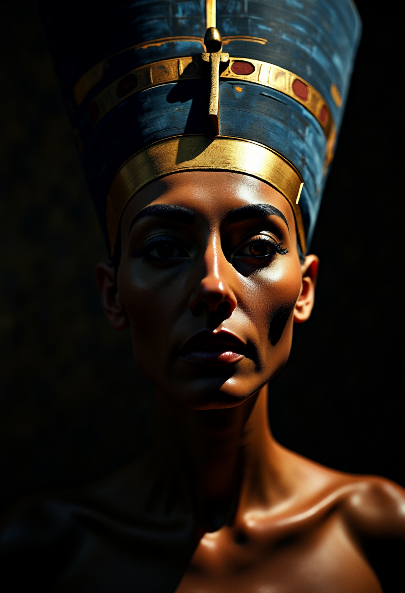 An exquisite and hauntingly beautiful portrait of Queen Nefertiti, captured in a minimalist Hasselblad H6D-100c medium format camera paired with the HC 100mm f/2.2 lens. The lighting employs a single, softbox-mounted strobe, casting a subtle Rembrandt-esque shadow on the subject's face, accentuating the curves and contours of her features. The cucoloris patterned illumination adds depth and dimension to the composition, creating a sense of quiet contemplation and introspection. The overall effect is a masterful blend of artistry and technical precision, evoking a sense of awe and admiration for one of history's most iconic figures.    ,  ,