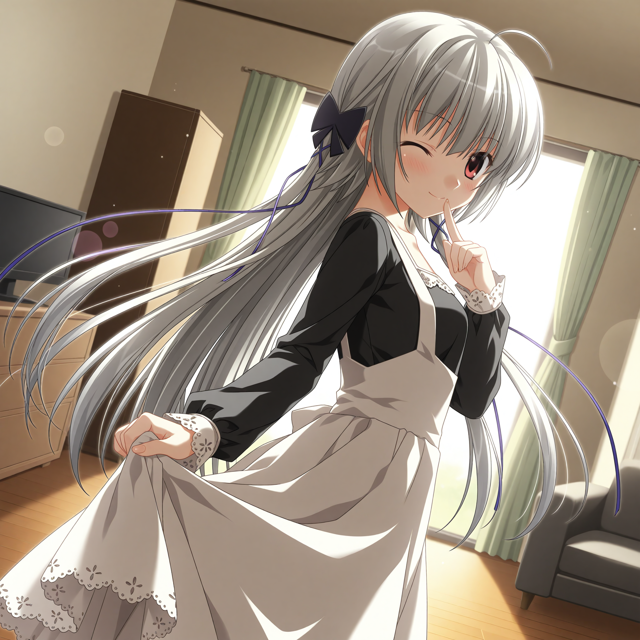 <lora:Kamishiro_Alice_1_nai-000029:1>,Kamishiro Alice,hair ribbon,purple ribbon,hair bow,black bow,
black shirt,long sleeves,lace trim,white dress,suspenders,lace sleeves,
BREAK
1girl,solo,one eye closed,looking at viewer,indoors,skirt lift,smile,blush,living room,lens_flare,dutch angle,finger to mouth,from side,depth of field,