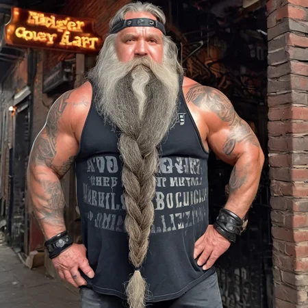 8k expansive portrait photo of a big old man with a huge braided beard slouching against a post outside a sleazy gay bar in a dimly lit back alley ,full body, side view, messy shoulder length gray hair, musclebound, open leather vest , long boots, chain, wristbands, huge biceps, very hairy tattooed arms folded, fat, bara, daddybear, rugged masculine face, solo, seductive gaze, hyperrealistic, midnight, detailed background, <lora:Big_Braided_Beards:1>