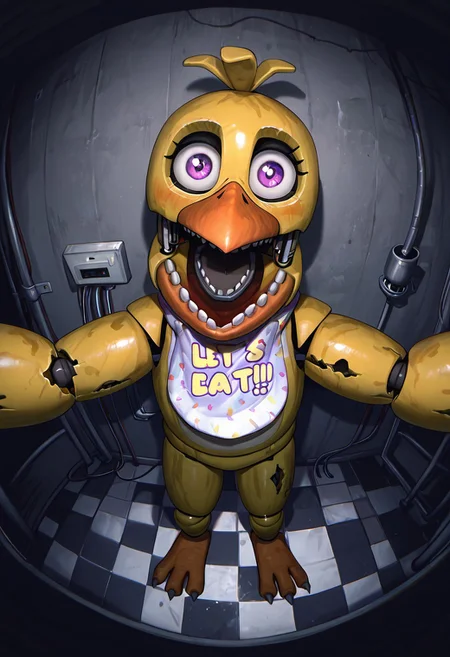 masterpiece, best quality, amazing quality, very aesthetic, absurdres, newest, detailed background, foreground blur, (( cartoon, )),
withchica, 1girl, teeth, robot, open mouth, solo, yellow skin, bib , no humans, joints, beak, bird, purple eyes, wires
dark room, checkered floor, looking at viewer, grey walls, metal pipes, covered in blood, fisheye, black sclera, blue party tables, cctv footage, from above,