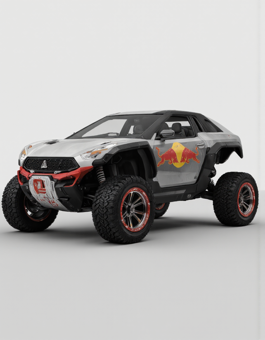 A futuristic, futuristic vehicle with a red bull logo prominently displayed on the side. the vehicle has a sleek, metallic design with a low-slung body and large, black, off-road tires with red rims. The vehicle is positioned in the center of the frame, facing slightly to the left, and has a minimalistic, minimalist background with a plain white backdrop. on the front of the vehicle, there is a large red and yellow logo that reads "Red Bull" in bold, capitalized letters, along with a smaller "E" in the lower left corner. The overall design is minimalistic and modern, with a focus on the vehicle's design and technology.