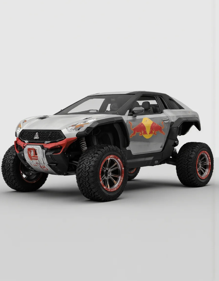 A futuristic, futuristic vehicle with a red bull logo prominently displayed on the side. the vehicle has a sleek, metallic design with a low-slung body and large, black, off-road tires with red rims. The vehicle is positioned in the center of the frame, facing slightly to the left, and has a minimalistic, minimalist background with a plain white backdrop. on the front of the vehicle, there is a large red and yellow logo that reads "Red Bull" in bold, capitalized letters, along with a smaller "E" in the lower left corner. The overall design is minimalistic and modern, with a focus on the vehicle's design and technology.