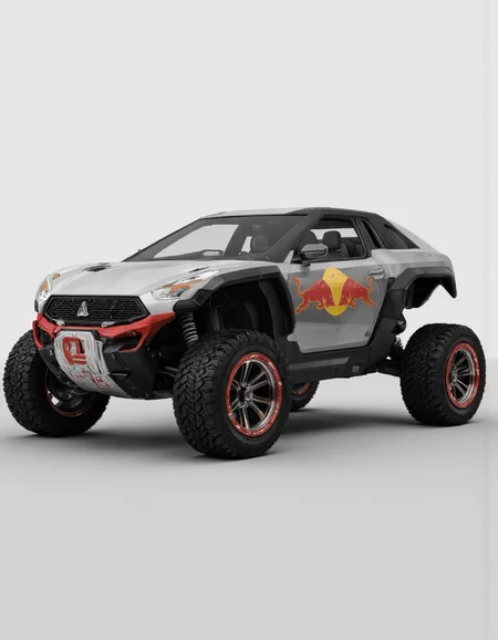 A futuristic, futuristic vehicle with a red bull logo prominently displayed on the side. the vehicle has a sleek, metallic design with a low-slung body and large, black, off-road tires with red rims. The vehicle is positioned in the center of the frame, facing slightly to the left, and has a minimalistic, minimalist background with a plain white backdrop. on the front of the vehicle, there is a large red and yellow logo that reads "Red Bull" in bold, capitalized letters, along with a smaller "E" in the lower left corner. The overall design is minimalistic and modern, with a focus on the vehicle's design and technology.