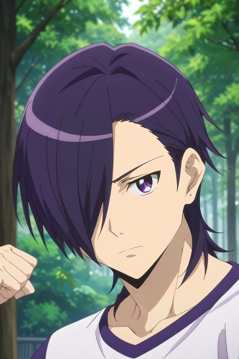 score_9, score_8_up, score_7_up, source_anime, rating_safe, intricate details, anime screencap, anime coloring, official style, looking at viewer, depth of field, 1boy, solo, male focus, <lora:hanzou_urushihara_pony:0.94>, hanzou_urushihara, purple hair, purple eyes, hair over one eye, , , asymmetrical, forest, dusk, flexing, distracted, aloof, oblivious, mackintosh,, <lora:sdxl_lightning_8step_lora:1>