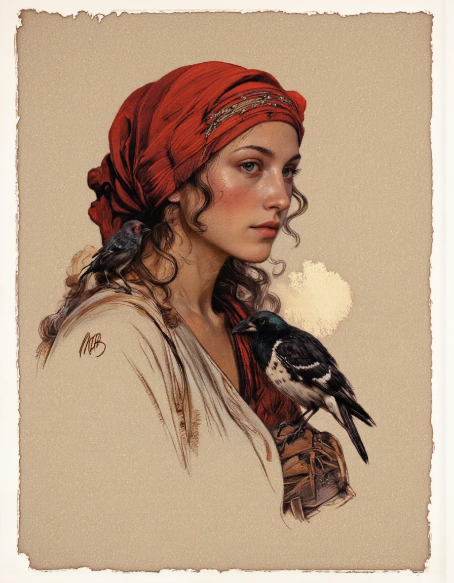 Art by Thomas Haller Buchanan.
A digital illustration shoot from a profile camera angle about a woman with a red turban and a black bird, set against a textured, beige background. the image also shows a serene expression. on the middle of the image, a woman, who appears to be in her late 20s, is facing the viewer, with her blue eyes looking to the side. she is wearing a red headscarf and has long, curly hair. on her right shoulder, a black and white bird is perched on her shoulder. the woman has a calm and contemplative expression, with a slight blush on her cheeks. the background is a soft, textured beige color with a rough, uneven texture, giving the image a vintage feel. the artist's signature is visible in the bottom left corner, adding a personal touch to the image.