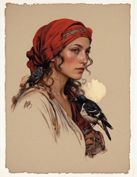 Art by Thomas Haller Buchanan.
A digital illustration shoot from a profile camera angle about a woman with a red turban and a black bird, set against a textured, beige background. the image also shows a serene expression. on the middle of the image, a woman, who appears to be in her late 20s, is facing the viewer, with her blue eyes looking to the side. she is wearing a red headscarf and has long, curly hair. on her right shoulder, a black and white bird is perched on her shoulder. the woman has a calm and contemplative expression, with a slight blush on her cheeks. the background is a soft, textured beige color with a rough, uneven texture, giving the image a vintage feel. the artist's signature is visible in the bottom left corner, adding a personal touch to the image.