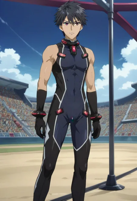 ((masterpiece)), ((best quality)), ((ultra-detailed)), score_9_up, score_8_up, score_7_up,
HD, top quality, best quality, High-quality illustrations, anime screencap, 1boy, 1male, solo male, male focus, anime boy, handsome, attractive, Hayato Kisaragi, black hair, red eyes, sleeveless tight suit, black arm gloves, full body shot, full body, head to feet shot, front view, front shot, facing front, looking at me