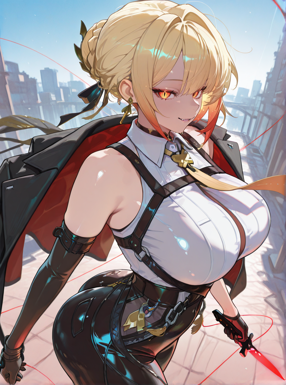 (masterpiece), (best quality), 1girl, solo, evelyn chevalier \(zenless zone zero\), (anime screencap), (evch_zzz), looking at viewer, (standing), large natural breasts, (purple eyes), blonde hair, short hair, hair up, anime style, shiny skin, (necktie between the breasts), earrings, high heels, chest harness, arm strap, asymmetrical gloves, white shirt, yellow necktie, collared shirt, sleeveless shirt, elbow gloves, black gloves, black jacket, blush, gloves, ring hair ornament, ass, high-waist_pants, tight clothes, tight pants, high-waist pants, latex pants, (holding), jacket, jacket on shoulders, mismatched gloves, mole under eye, black pants, uneven gloves, (weapon, glowing wire, energy wire, light string, neon weapon, knife at the end of the wire, glowing knife), outdoors, happy, (dragon girl), (scales), gold trim, (slit pupils), tusks, hooded cloak, painterly, colorful, flat colors, glowing, impasto, abstract, plump, <lora:EvelynChevalierZZZeroillusApexAi:0.7>, <lora:perspective:1>, perspective,