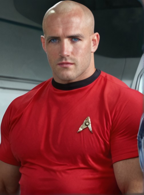 1boy, 20 year old male, Handsome, masculine, blonde, star trek, red shirt, muscle,  tall, tight shirt, wide pectorals, big shoulders, wide shoulders, muscular neck, German, bald, big pale blue eyes,

stunf, star trek uniform,