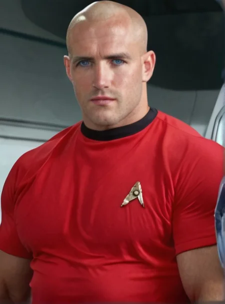 1boy, 20 year old male, Handsome, masculine, blonde, star trek, red shirt, muscle, tall, tight shirt, wide pectorals, big shoulders, wide shoulders, muscular neck, German, bald, big pale blue eyes,
stunf, star trek uniform,