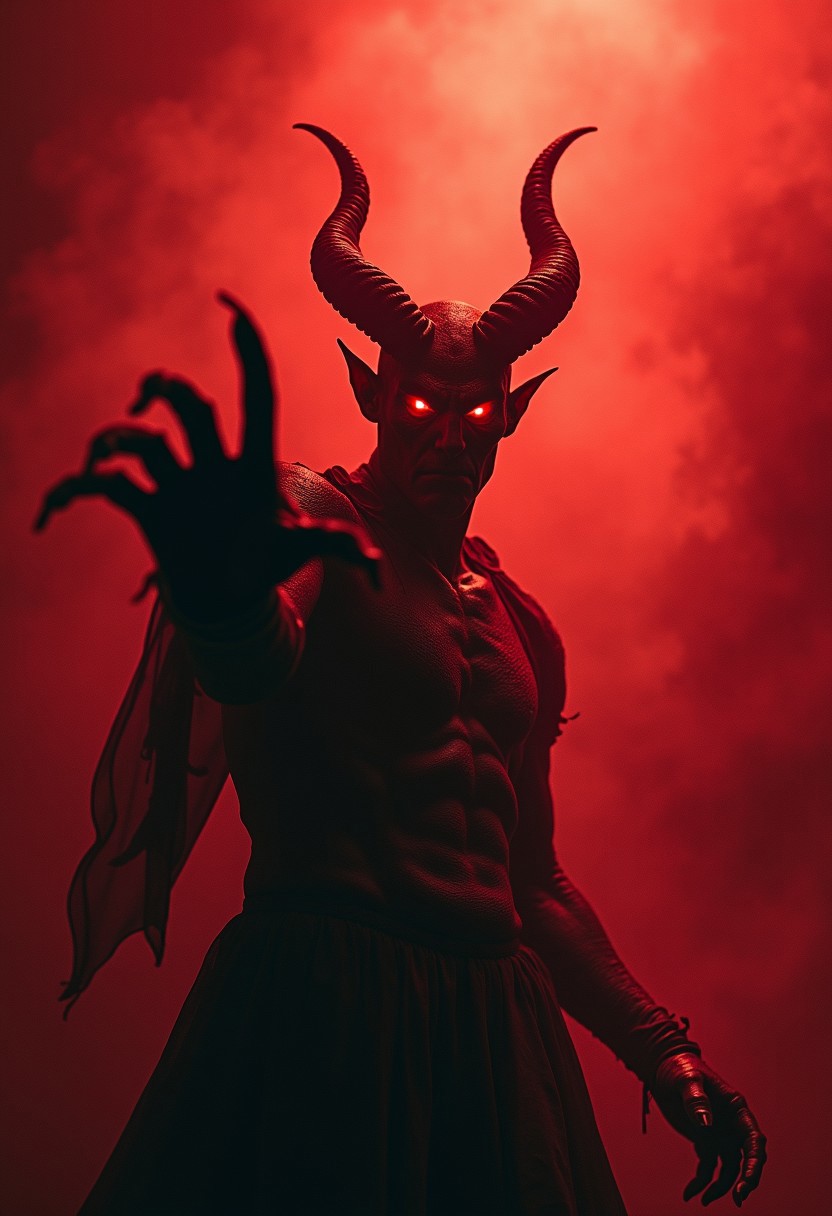An evil hideous horned demon Lord of the Damned Master of the Dead  stands in dim red gradient light staring at viewer and motioning to come closer, its presence both commanding and terrifying. Its fiery red evil eyes, sharp and calculating, pierce through the very soul of who dares meet its gaze. In the misty smoky background twisted shapes of horrible writhing demons perform a bizarre macabre dance of death. The viewer can tell his soul now forever belongs to the demons that beckon him and will never release him from their grasp.