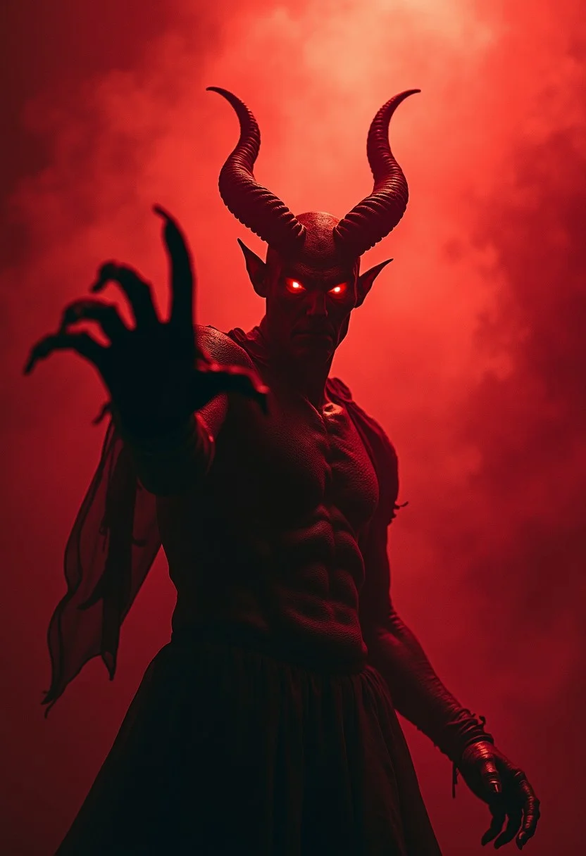 An evil hideous horned demon Lord of the Damned Master of the Dead stands in dim red gradient light staring at viewer and motioning to come closer, its presence both commanding and terrifying. Its fiery red evil eyes, sharp and calculating, pierce through the very soul of who dares meet its gaze. In the misty smoky background twisted shapes of horrible writhing demons perform a bizarre macabre dance of death. The viewer can tell his soul now forever belongs to the demons that beckon him and will never release him from their grasp.