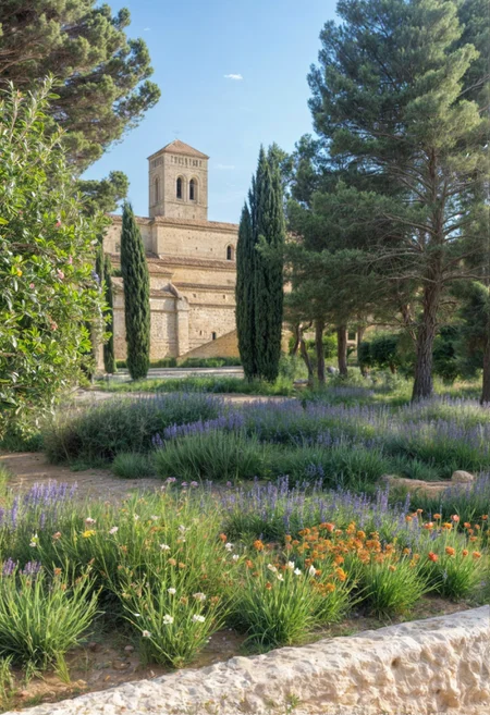 peaceful landscape, provencal, flowers, dilapidated abbey