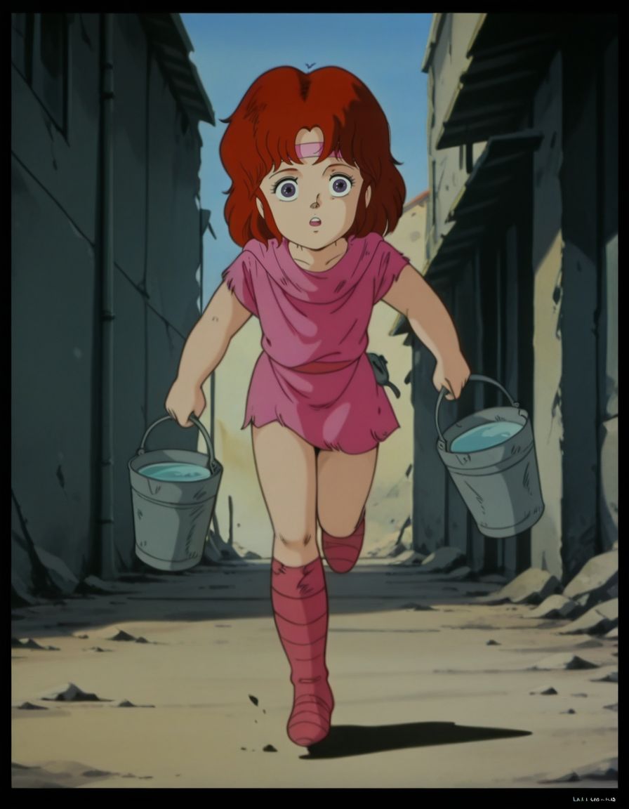 masterpiece, best quality, holding two buckets, full body, running, 
<lora:Lin:1>, L1n, red hair, headband, purple eyes, female child, retro artstyle, torn clothes, shirt, knee boots, retro artstyle, anime coloring,