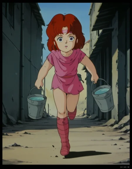 masterpiece, best quality, holding two buckets, full body, running,
<lora:Lin:1>, L1n, red hair, headband, purple eyes, female child, retro artstyle, torn clothes, shirt, knee boots, retro artstyle, anime coloring,