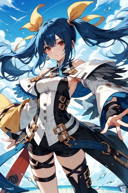 ,score_9,score_8_up,score_7_up,diji,1girl,asymmetrical wings,solo,twintails,bangs,blue hair,red eyes,long hair,thigh belt,hair ring,thigh,shorts,look at the audience,the hair between the eyes,separated sleeves,<lora:diji:0.8>