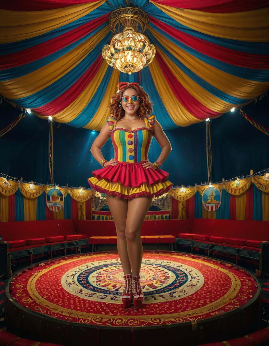 focus on woman face,rating_safe,A vibrant and colorful scene inside a grand circus tent,grand c1rcus, featuring a woman dressed as a whimsical clown. She is wearing an elaborate costume with a mix of bold patternsâred and white stripes, polka dots, and bright yellow accents. Her hair is styled in playful, oversized curls, dyed in shades of blue and pink. She is standing center stage, under a spotlight that casts a warm glow, making her sequined outfit sparkle. Her pose is dynamic and engaging, as if she is about to perform a trick or joke, with a wide, inviting smile. The background showcases the lively atmosphere of the circus, with colorful banners, a large audience in shadowy rows, and hints of other performers or props like juggling pins or unicycles. The overall lighting is bright and cheerful, emphasizing the magical, festive mood of the circus.<lora:SDXLFaeTastic2400:0.4> <lora:extremely_detailed:0.4> extremely detailed, <lora:grand_c1rcus:1>, Masterpiece,best quality,hi res,8k,hi res,8k,award winning,(sharp focus, intricate, highly detailed),