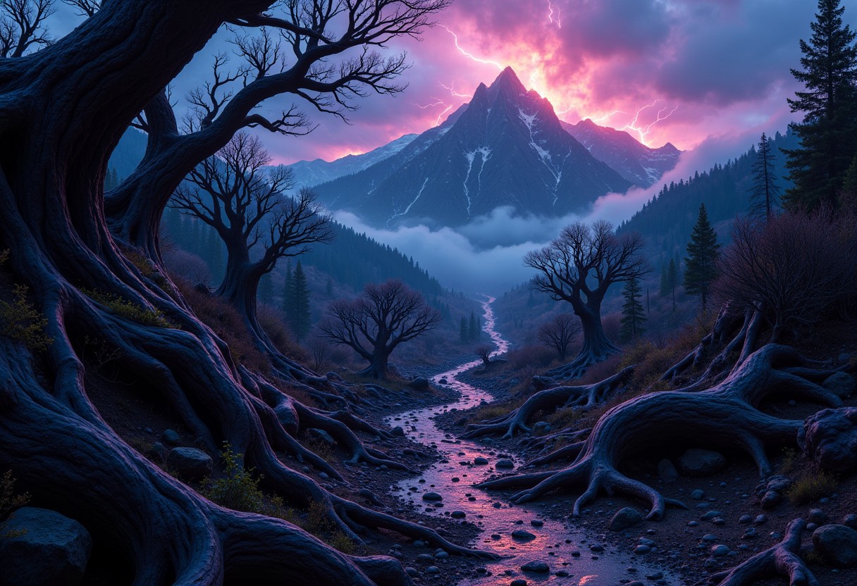 A highly detailed, cinematic image of an eerie, almost ethereal landscape of Petrified Woods. lightning storm, in deep shades of violet and indigo, with a hint of pink and orange. The ground appears to be carved out of massive tree trunks, twisted and contorted into bizarre formations, creating a surreal landscape unlike any other. The Petrified Woods glow with an otherworldly light, casting long shadows across the terrain. In the distance, a towering mountain range rises, its peaks shrouded in an unnatural fog.  The ground is littered with broken tree trunks. The air itself feels heavy and still, as if time has come to a standstill in this strange Petrified Woods .,  close up, dark sci-fi, hyper realism, UHD, photography, cinematic