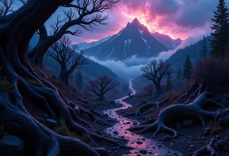 A highly detailed, cinematic image of an eerie, almost ethereal landscape of Petrified Woods. lightning storm, in deep shades of violet and indigo, with a hint of pink and orange. The ground appears to be carved out of massive tree trunks, twisted and contorted into bizarre formations, creating a surreal landscape unlike any other. The Petrified Woods glow with an otherworldly light, casting long shadows across the terrain. In the distance, a towering mountain range rises, its peaks shrouded in an unnatural fog. The ground is littered with broken tree trunks. The air itself feels heavy and still, as if time has come to a standstill in this strange Petrified Woods ., close up, dark sci-fi, hyper realism, UHD, photography, cinematic