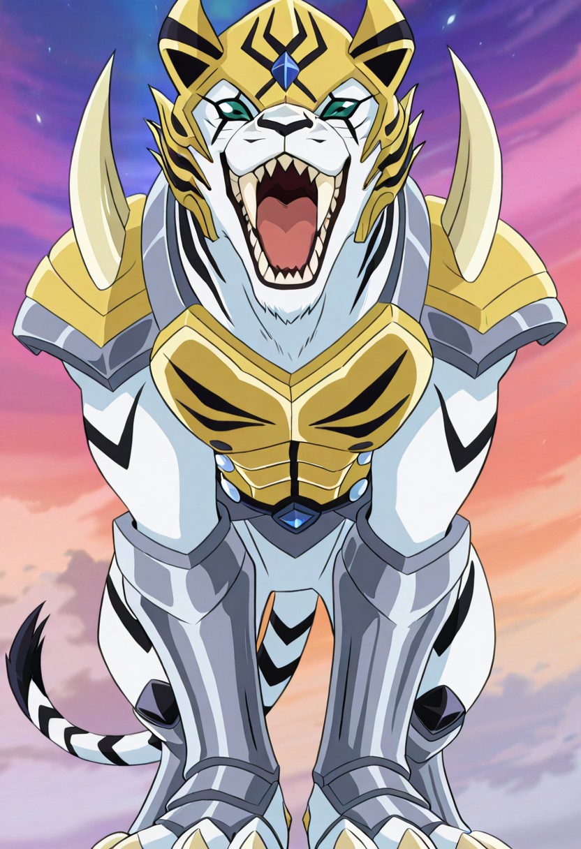 anime screencap, anime art style, best quality, hyper detailed, ambient stylish expressive lighting, absolutely eye-catching masterpiece, body extremely close-up view, (facing viewer), forward,face,bakugan, tigrerra, bakugan (creature), no humans, teeth, sharp teeth, tail, green eyes, open mouth, claws, armor,Quadruped